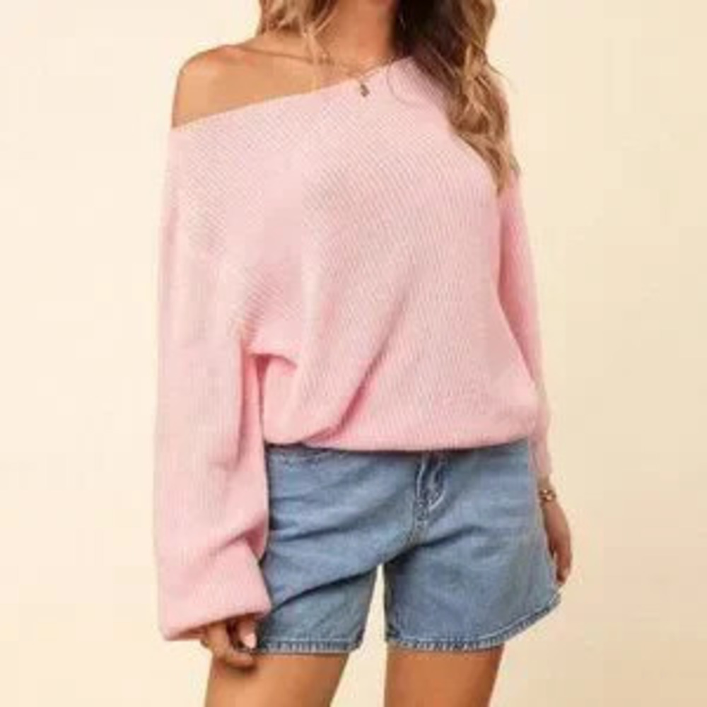 Pink Casual Women's Off Shoulder Asymmetric Long Sleeve Sweater